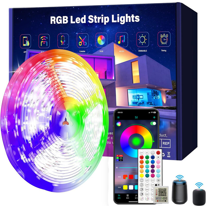 شريط LED مع وظيفة إضاءة ، RGB Pickup ، DC 24V ، 44 مفتاح ، بلوتوث ، تحكم بتطبيق ، مناسب لتزيين المنزل