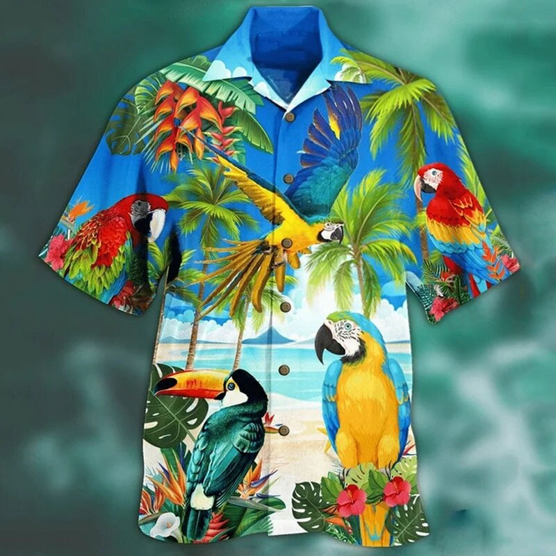الرجال قمصان غير رسمية الببغاء ثلاثية الأبعاد طباعة قمصان الرجال موضة هاواي قميص الشاطئ البلوزات قصيرة الأكمام بلوزة مهنة التلبيب قميص الصبي