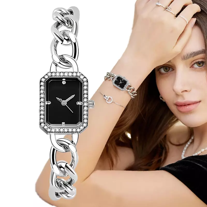 ساعة كوارتز بسيطة للنساء ، ساعات مربعة للسيدات مع الماس ، سوار من الفولاذ المقاوم للصدأ ، ساعة فساتين فاخرة