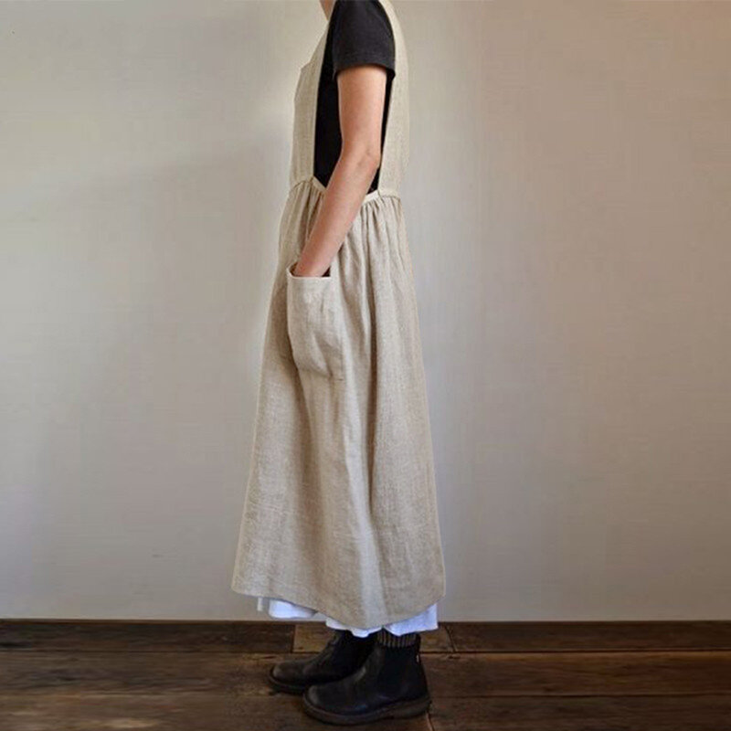 فستان نسائي طويل غير رسمي بجيوب ، كتان قطني ، كتان فضفاض ، مقاس كبير ، أحادي اللون ،