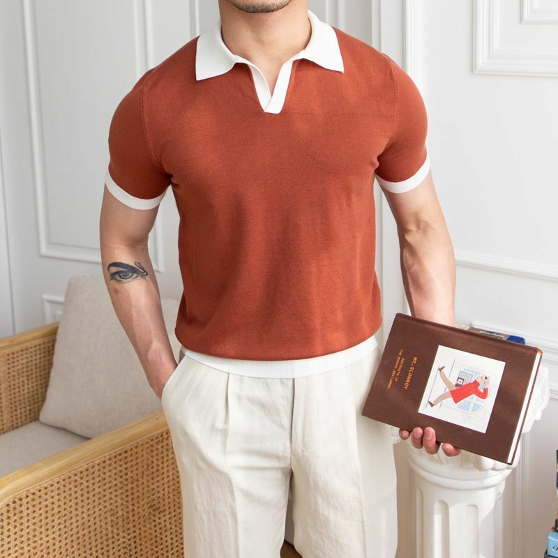 قميص بولو منسوج بأكمام قصيرة قابل للتنفس للرجال ، طية صدر مقطوعة ، توب ذكي مرن ، موضة غير رسمية متعددة الاستخدامات ، عصرية