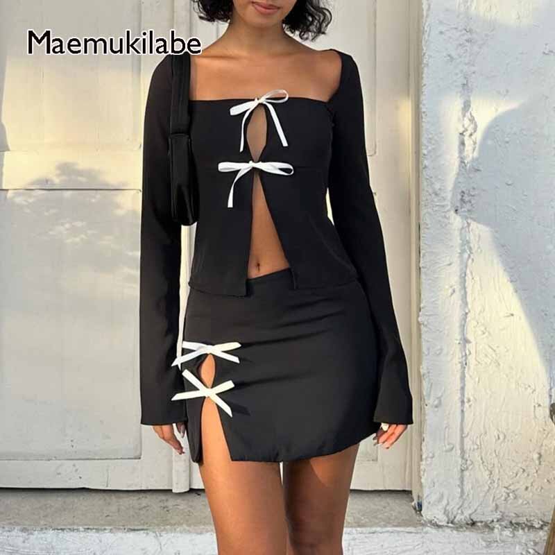 Maemukilabe-طقم من قطعتين متطابق للنساء ، ملابس فايركور ، ربطة عنق ، تيشيرتات أمامية مقطوعة ، قمم المحاصيل ، تنورة صغيرة ، Y2K ، Kawaii Clubwear
