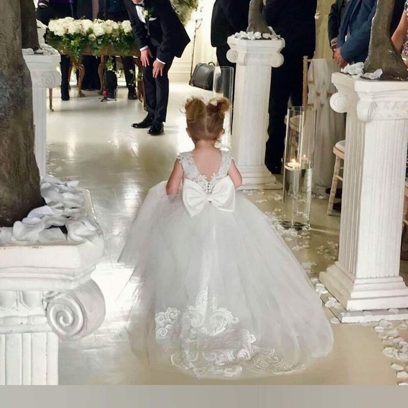 فستان أبيض دانتيل للأطفال زهرة فتاة تول زينة الأميرة طول الأرض لحفلات الزفاف المعمودية أول مناولة ثوب
