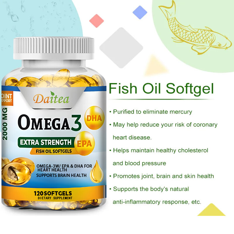 كبسولات زيت السمك أوميغا 3 تدعم صحة الدماغ والجهاز العصبي ، صحة القلب والأوعية الدموية والجلد ، مضاد للأكسدة ومضاد للالتهابات