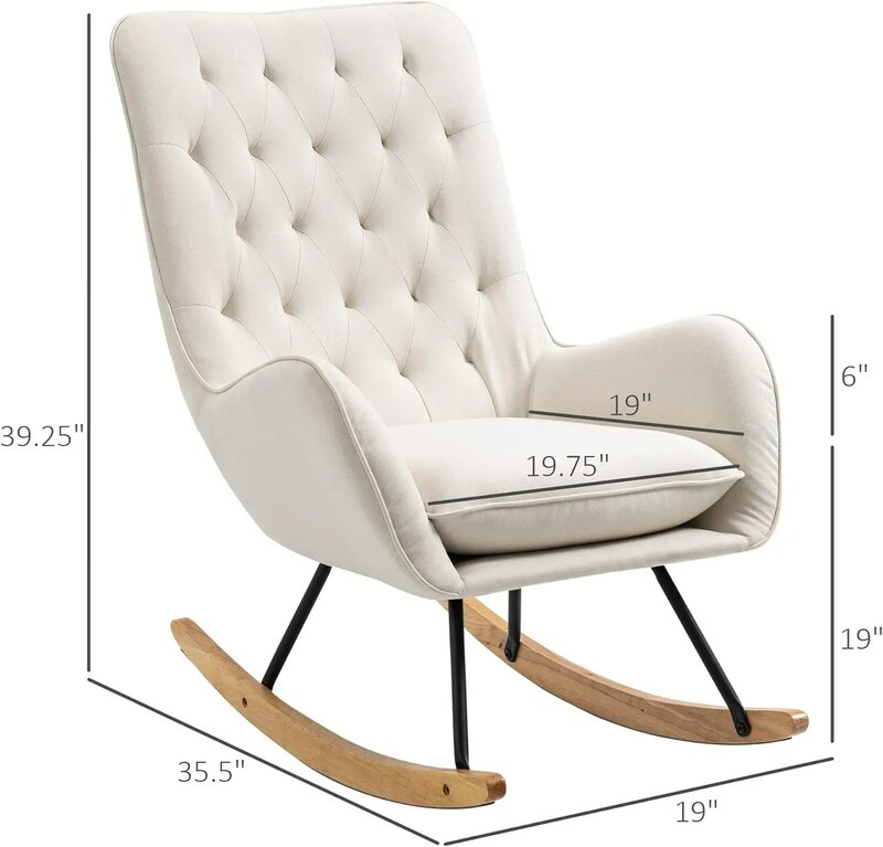 كرسي أريكة هزاز قماشي لمنتصف القرن ، كرسي هزاز معنقد ، كرسي بنبرة Wingback مع مقعد مبطن ، قاعدة خشبية مطاطية للمنزل
