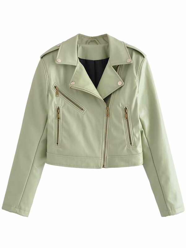 New 2022 Spring Autumn Pu Faux Leather Jacket Women Green Zipper Slim Short Biker Jackets Coat Female Outwear Veste Femme Tops