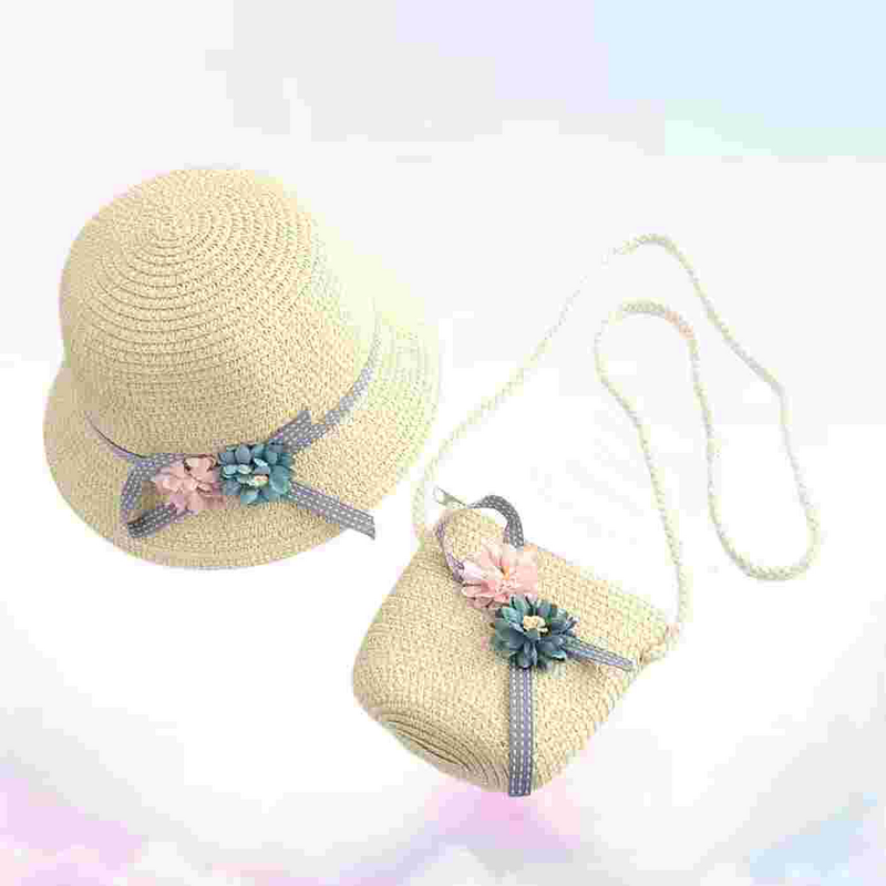 قبعة من القش رائعتين وحقيبة كروس بودي للفتيات الصغيرات ، طقم شاطئ ، أطفال ، وردي ، مجموعة واحدة