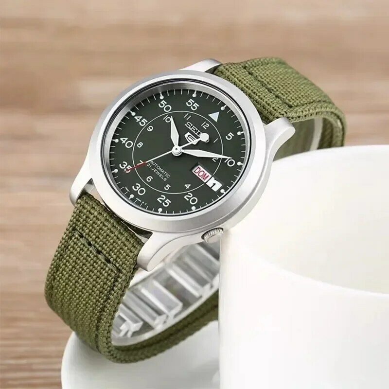 ساعة أوتوماتيكية فاخرة للرجال من SEIKO ، قرص أخضر ، حزام قماش ، موضة رياضية غير رسمية ، أصلية ، SNK805