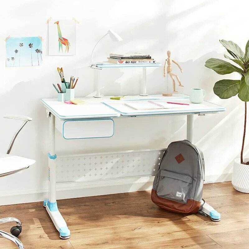 طاولة للأطفال بارتفاع قابل للتعديل ، رف كتب ودرج ، مكتب أزرق ، سلسلة DX ، متكاملة