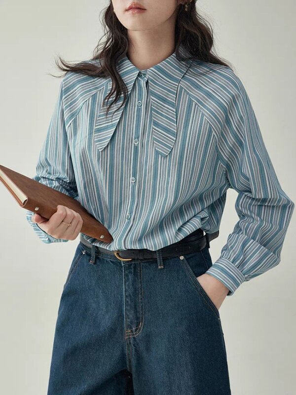 Miiiix-قميص عمودي بأزرار واحدة مقلم للنساء ، ياقة قلاب ، تصميم فضفاض ، قمصان فريدة من نوعها ، ملابس نسائية علوية