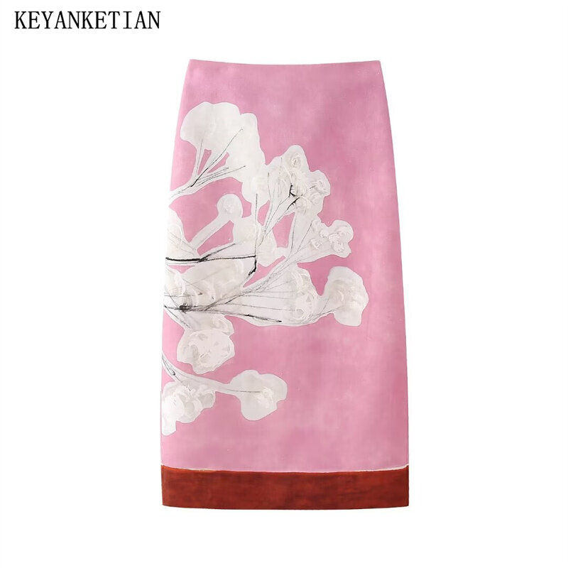 Keyanketian-تنورة متوسطة الطول بطبعة أزهار للنساء ، نمط رعوي ، سحاب ، فتحة خصر مرتفع ، متوسط الطول ، مستقيم ، إطلاق جديد ،
