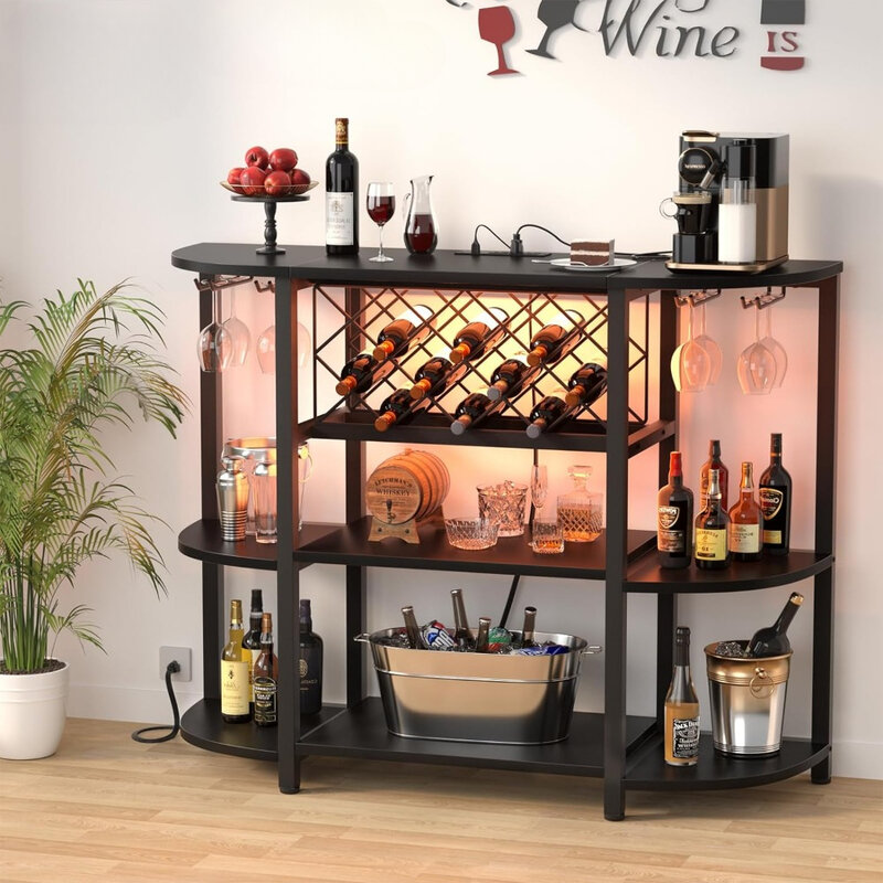 خزانة نبيذ معدنية مع مآخذ ومصابيح ليد ، طاولة مستقلة قائمة على الأرض ، كؤوس نبيذ للتخزين ، 4 طبقات