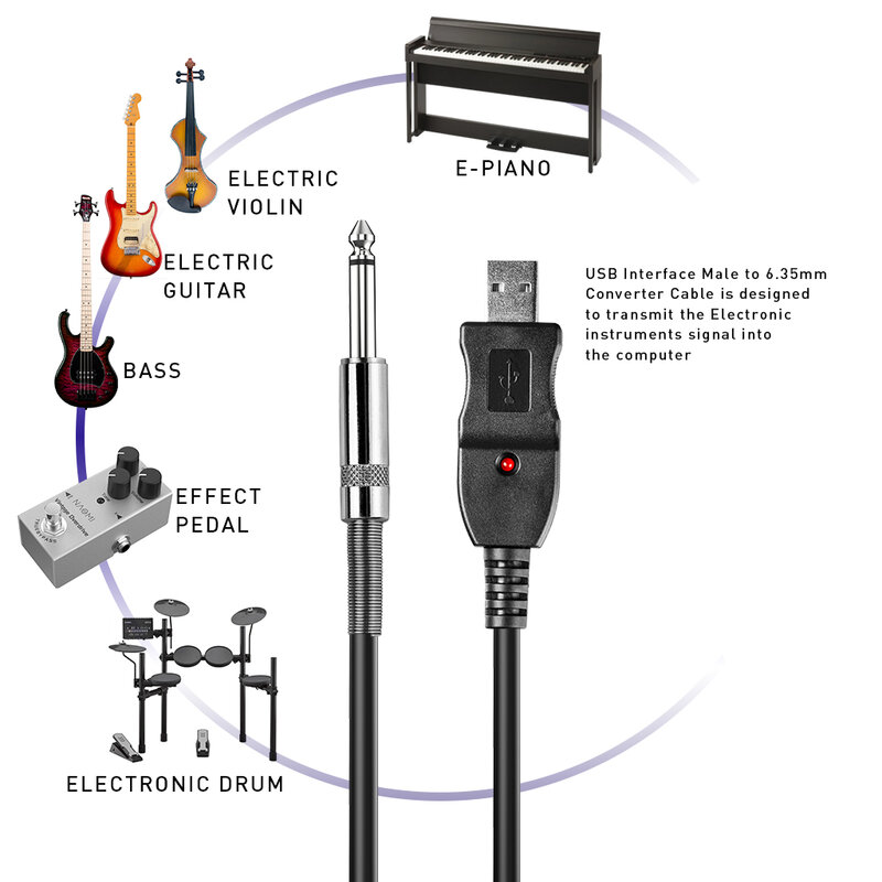 انخفاض الشحن 3M الغيتار باس 1/4 ''USB إلى 6.3 مللي متر جاك رابط اتصال أداة كابل 10FT USB تسجيل كابل W/ LED المؤشر
