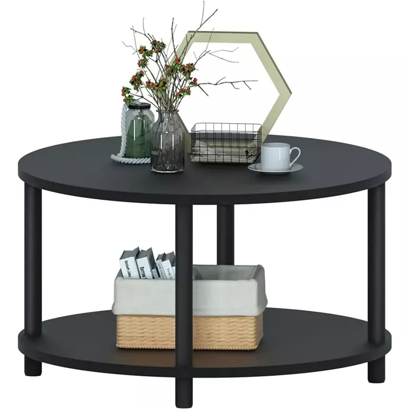 طاولة قهوة خشبية سوداء مع رف تخزين مفتوح ، سهلة التجميع ، جانب أرجل معدنية متينة ، مكتب وغرفة استقبال ، طابقان ،