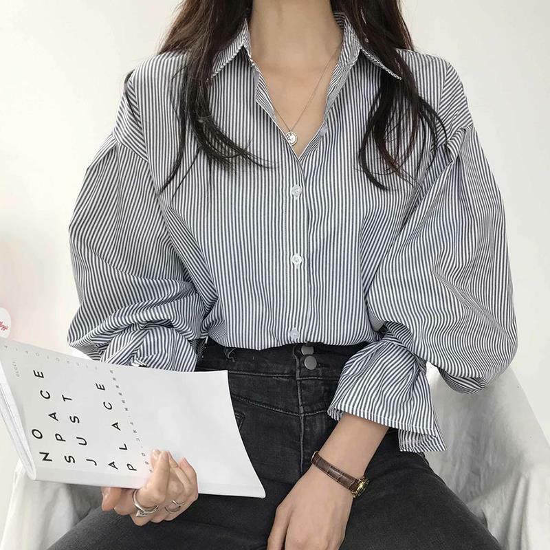 قمصان النساء مخطط بسيط الربيع العطاء الإناث مزاجه الرجعية Ulzzang أنيق كلاسيكي مكتب سيدة الأساسية شعبية طويلة الأكمام