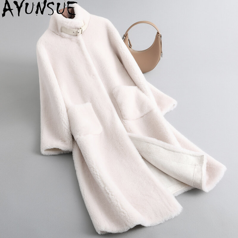 Ayunsu-معطف فرو طويل أنيق للنساء ، سترات صوف دافئة ، ياقة واقفة ، 100% القص الأغنام ، شتاء