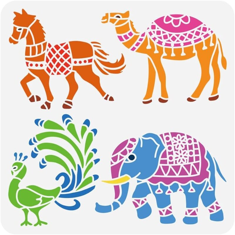 استنسل رسم حيوانات قابل لإعادة الاستخدام ، قالب رسم نقش ، موضوع هندي ، حصان ، طاووس جمل ، فيل ، x صي