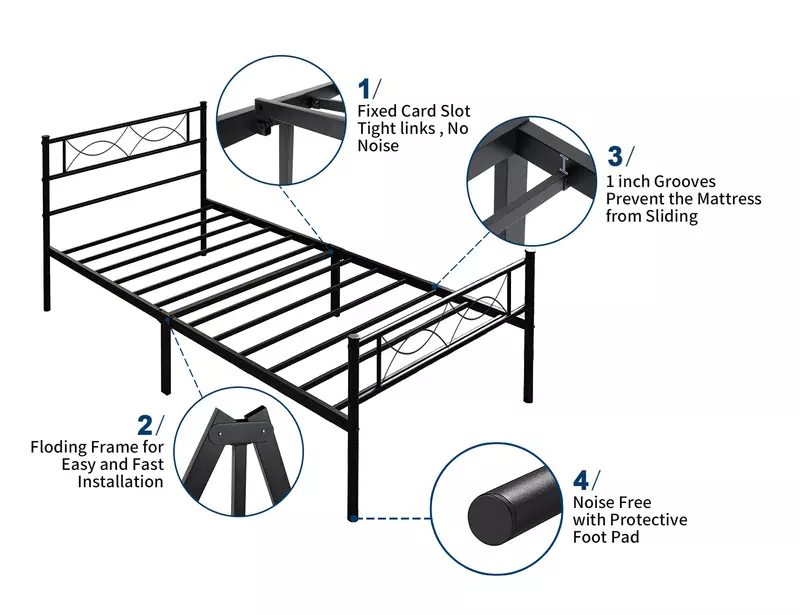 إطار سرير مزدوج مع لوح أمامي ، منصة معدنية للخدمة الشاقة ، تصميم حديث ، تجميع قوي وسهل ، XL