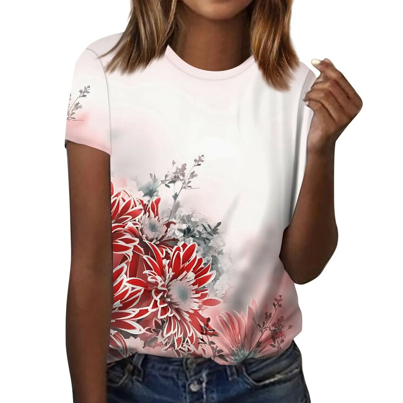 قمصان نسائية بأكمام قصيرة مطبوعة بزهور ، بلوفر علوي برقبة مستديرة ، بلوزة متعددة الاستخدامات ضيقة النوع ، موضة غير رسمية