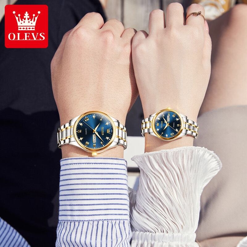 OLEVS زوجين مشاهدة العلامة التجارية الفاخرة ساعة الموضة الأصلي ساعة كوارتز الفولاذ المقاوم للصدأ مقاوم للماء توهج له/لها زوج ساعات