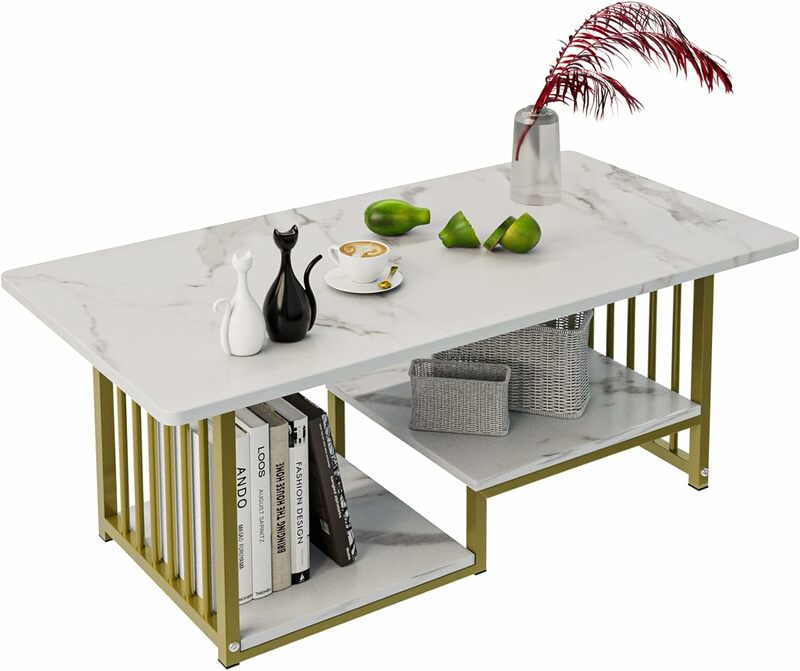 طاولة جانبية مستطيلة مع رف تخزين ، رخام صناعي ، أثاث كبير من مستويين ، تصميم طعام