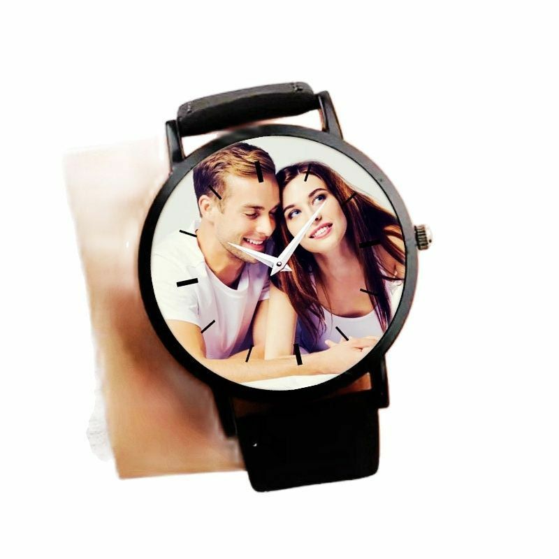ساعة صور مخصصة للزوجين جميع ساعات المعصم كوارتز جلدية سوداء للجنسين إرسال صورتك