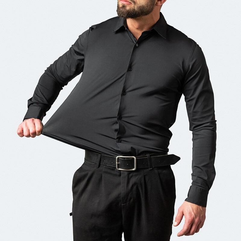 حجم كبير 7XL 6XL مرونة عالية سلس دنة قميص الرجال طويلة الأكمام سليم صالح عادية بلون الاجتماعية فستان رسمي قمصان
