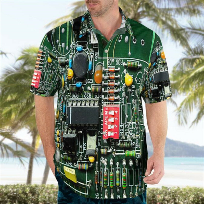2022 جديد ثلاثية الأبعاد الطباعة رقاقة الكترونية قميص هاواي صيفي الرجال الصيف قصيرة الأكمام قمصان الرجال القمصان المعتاد Camisa الاجتماعية 5XL