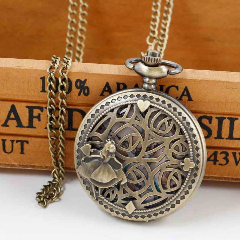 أليس موضوع كوارتز ساعة الجيب جميل الأميرة الأرقام الرومانية عرض دائري الهاتفي قلادة ساعة جيب