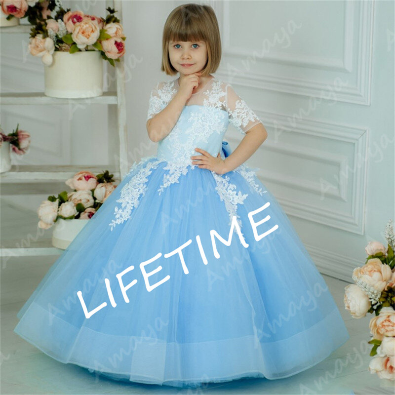 فستان منتفخ زهور زرقاء سماوي للبنات ، نصف كم ، مزين بالدانتيل ، مسابقة ، زفاف ، فساتين عيد ميلاد