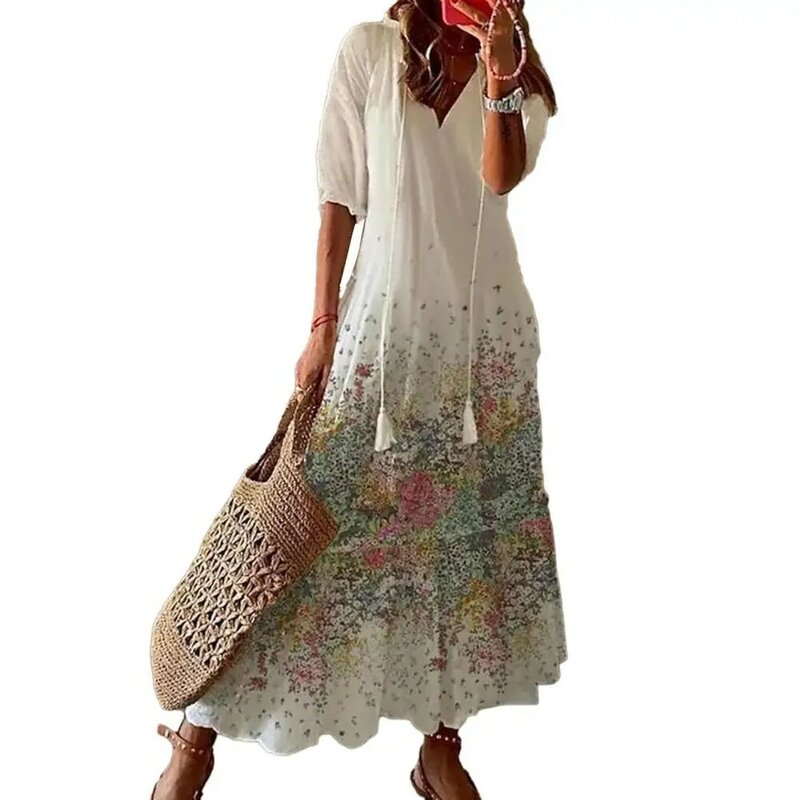 فستان نسائي طويل فضفاض مطبوع بالزهور مع شرابة ، ملابس شاطئ للعطلات الصيفية ، خط العنق الخامس