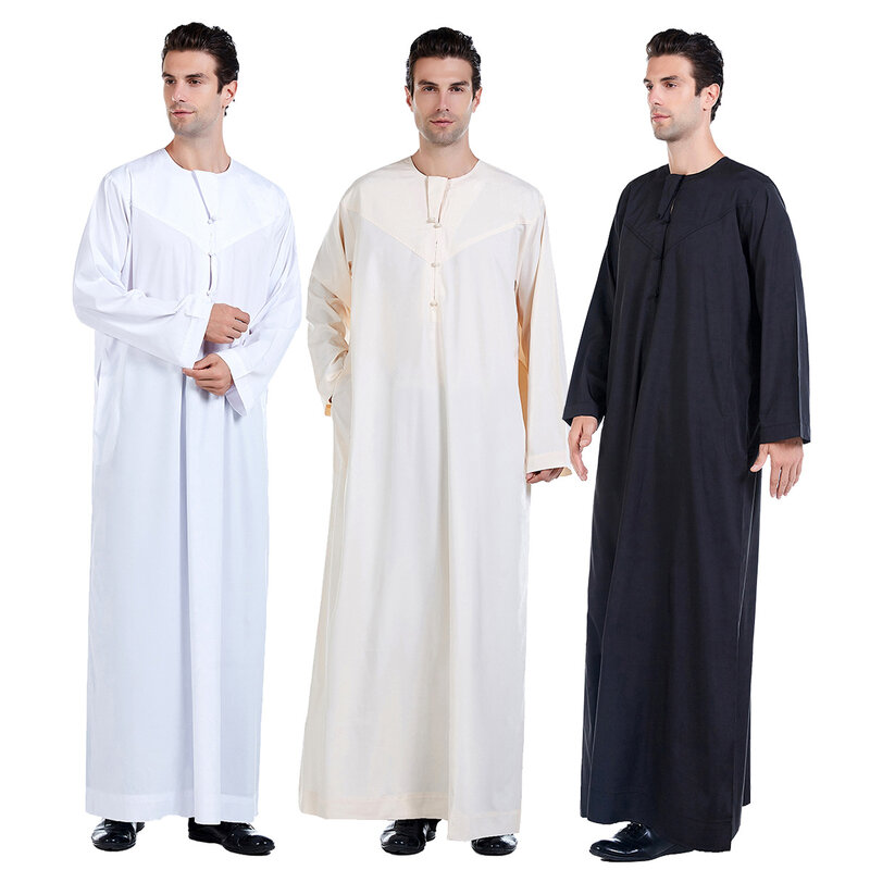 ثوب جبة طويل الأكمام رقيق للرجال المسلمين ، ياقة مستديرة ، قفطان ، قفطان إسلامي ، موضة عربية