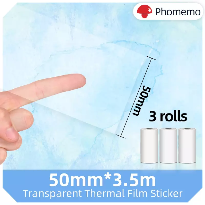 Phomemo 3 لفات 50 مللي متر * 3.5 متر أسود على شفافة ذاتية اللصق الحرارية ورقة BPA-Free ملصق ل M02 سلسلة طابعة صغيرة بروتابلي