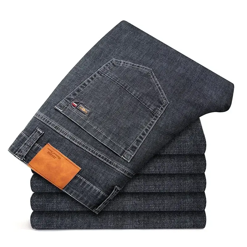 جينز جينز رجالي مطاطي سميك ، تصميم كلاسيكي للأعمال ، أسود وأزرق ، ملابس رجالية ، خريف ، شتاء ، قماش