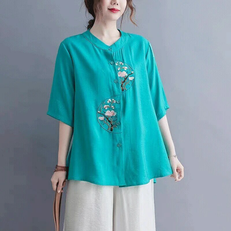 قميص صيفي نسائي على الطراز الصيني كلاسيكي ، أزياء أنيقة بسيطة ، زر كتان قطني ، غرزة مفتوحة ، رقبة دائرية ، أكمام قصيرة ، قمم Y2K