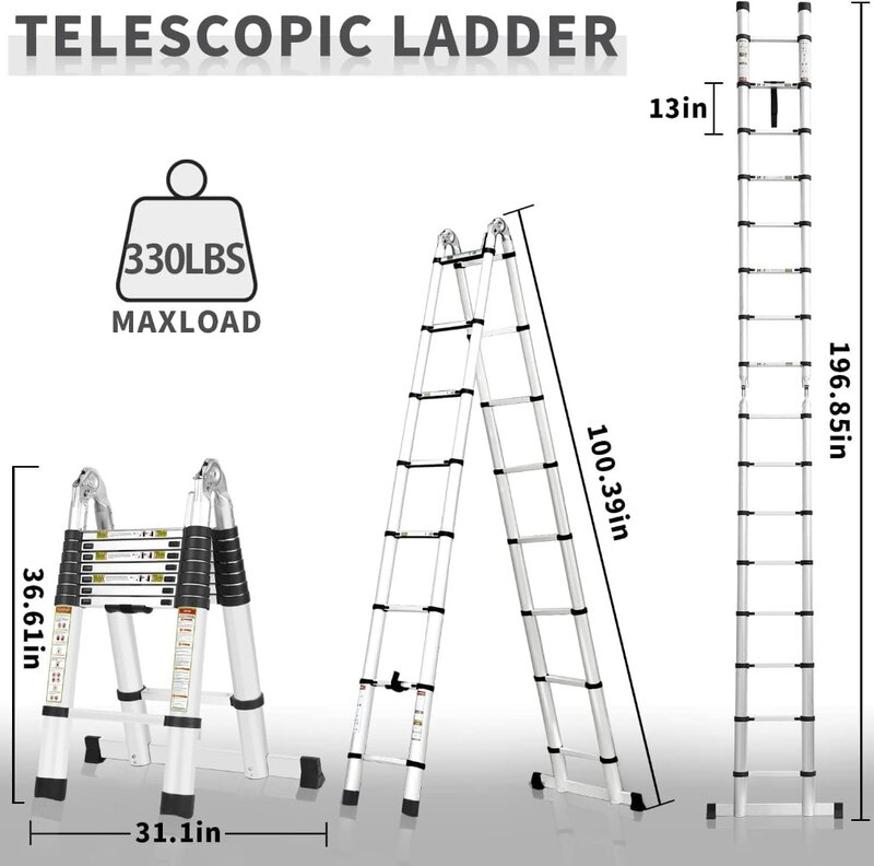 سلم تمديد من الألومنيوم تلسكوبي ، سلم قابل للطي محمول للأماكن الخارجية والمنزلية ، إطار ، 16.5ft