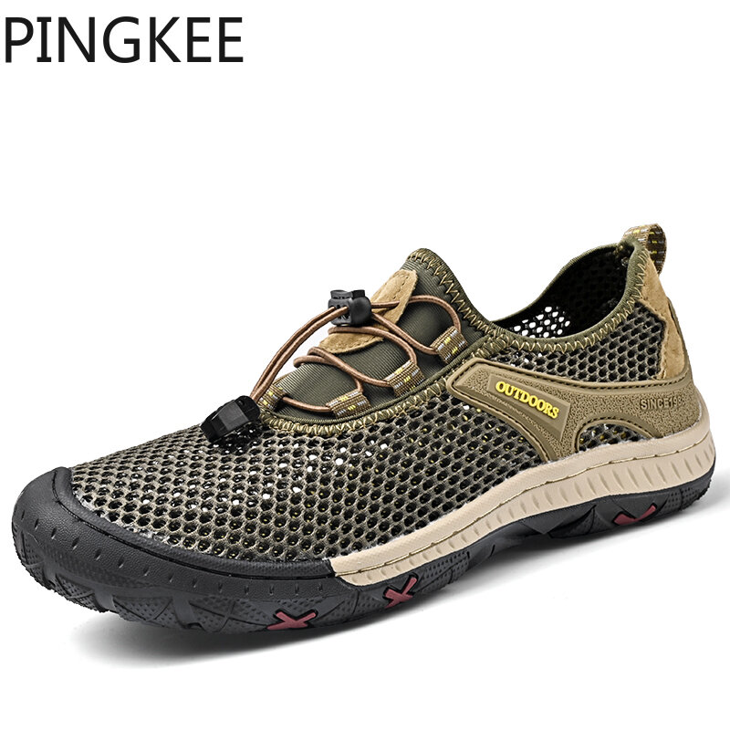 PINGKEY-أحذية بنجي بقفل شبكي للرجال ، أحذية رياضية مستديرة من الأمام ، رحلات درب ، حقائب الظهر ، المشي لمسافات طويلة ، الجلد ، الخوض في الخوض
