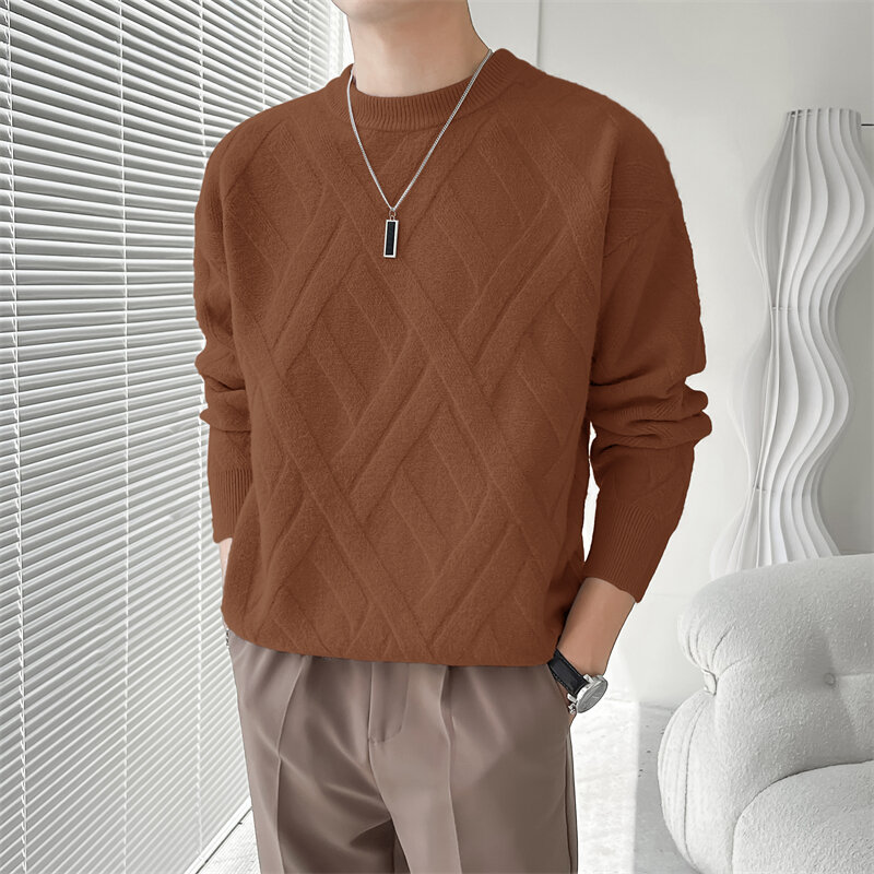 Solid Pattern Sweater/ High Quality Men's Autumn Winter Long Sleeve Tie Dyeing Round Collar Loose Warm Knitting Sweater Pullover