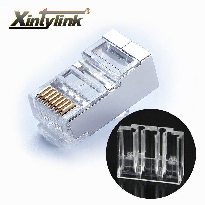 Xintylink rj45 موصل cat6 إيثرنت كابل التوصيل 8P8C المعادن محمية جاك stp rg rj 45 conector lan شبكة القط 6 وحدات 50 قطعة