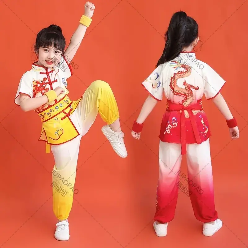 زي الكونغ فو الصيني التقليدي للأطفال ، طبعة التنين الوطني ، بدلة موحدة الووشو ، بدلة الكونغ فو ، ملابس الجناح تشون