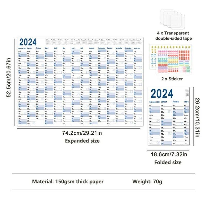 2024 مخطط سنوي 2024 تقويم حائط منزلي (74 × 52 سم) 2024 سنة كاملة لعرض التقويم مخطط منظم عمل المكتب المنزلي
