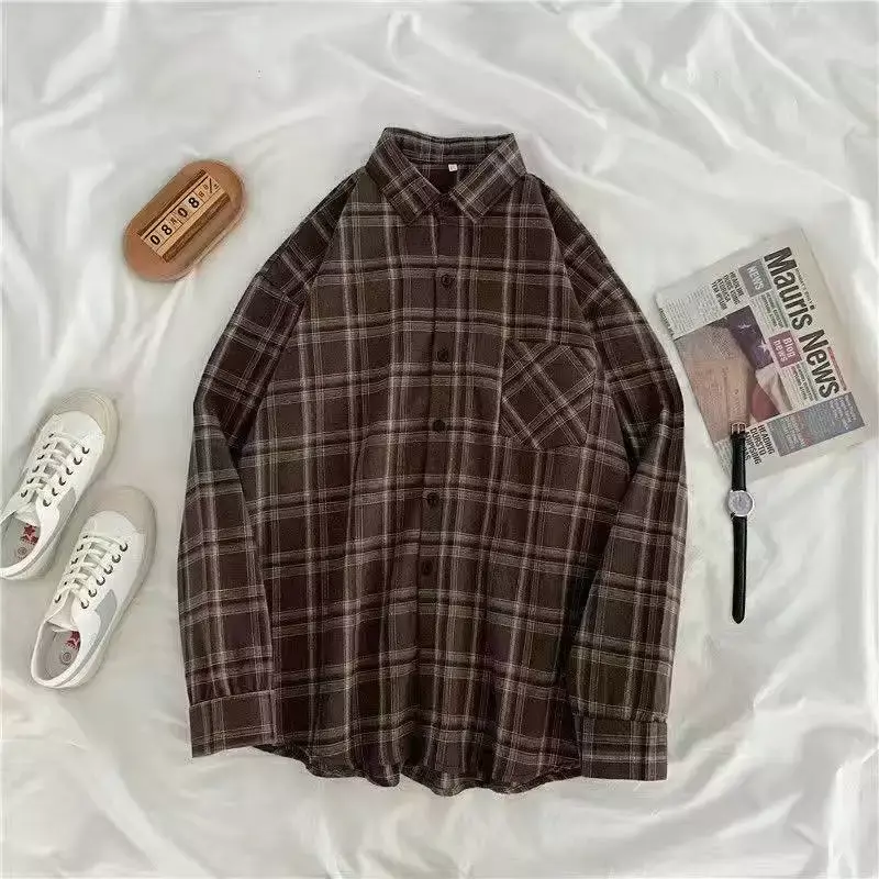 قميص نسائي عتيق بأكمام طويلة منقوش بأزرار ، بلوزات كبيرة الحجم ، موضة كورية ، ملابس خارجية للخريف ، خريف ، 2021