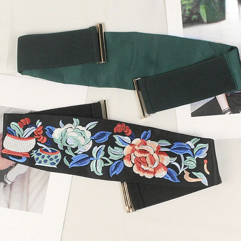 المرأة الأزهار التطريز حزام عريض مع مشبك معدني ، حزام مطاط ، Cummerbund ، أنيقة ، الرجعية ، أسود ، أخضر ، أحمر
