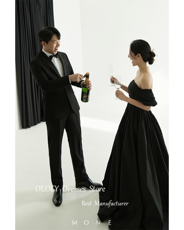 أولوي-فساتين سهرة سوداء بسيطة ، كوريا ، سكالف ، أكمام قصيرة ، تصوير ، بدون حبال ، مشد للظهر ، فستان حفل زفاف