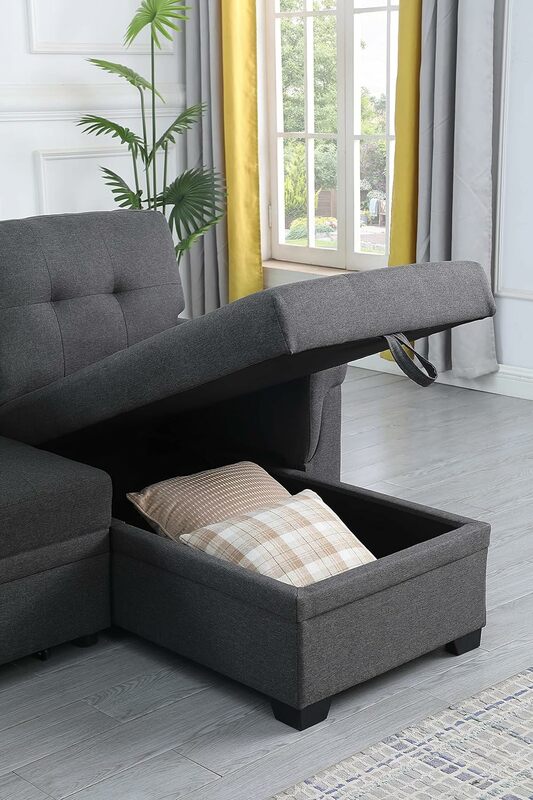 أريكة نوم مقطعية على شكل حرف L ، مع كرسي تخزين وسرير قابل للسحب ، مسند ظهر من الكتان معنقدة ، 3 مقاعد قابلة للعكس ، 84"