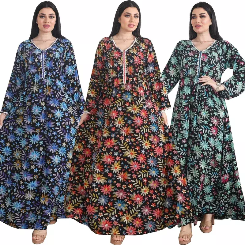 أزياء إسلامية مطبوعة فستان طويل بالزهور للنساء ، ألماس مضغوط يدويًا ، حفلة مسائية ، مقاس كبير ، فساتين قفطان