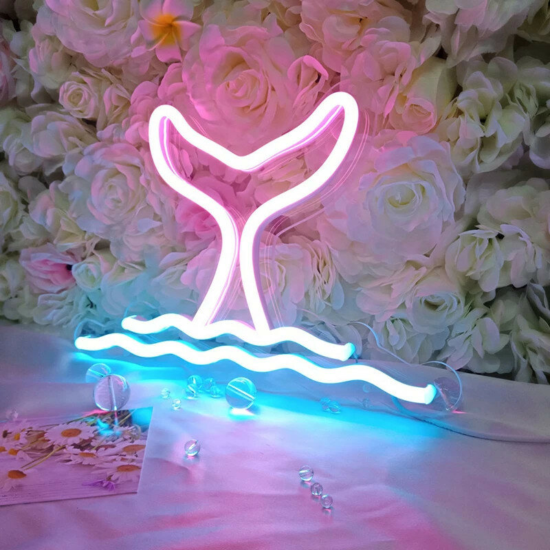 مصباح حائط فني نيون بموجة ذيل الحوت الأزرق ، جمالي USB ، ديكور الغرفة ، هدية لغرفة الطفل ، المنزل ، البار ، الحفلة ، مصابيح LED مضحكة