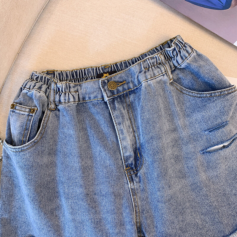 شورت جينز صيفي نسائي ، قماش جينز مغسول ، شورت شارع متهالك ، جينز حفلات للركاب ، تصميم غير متناظر ، مقاس كبير