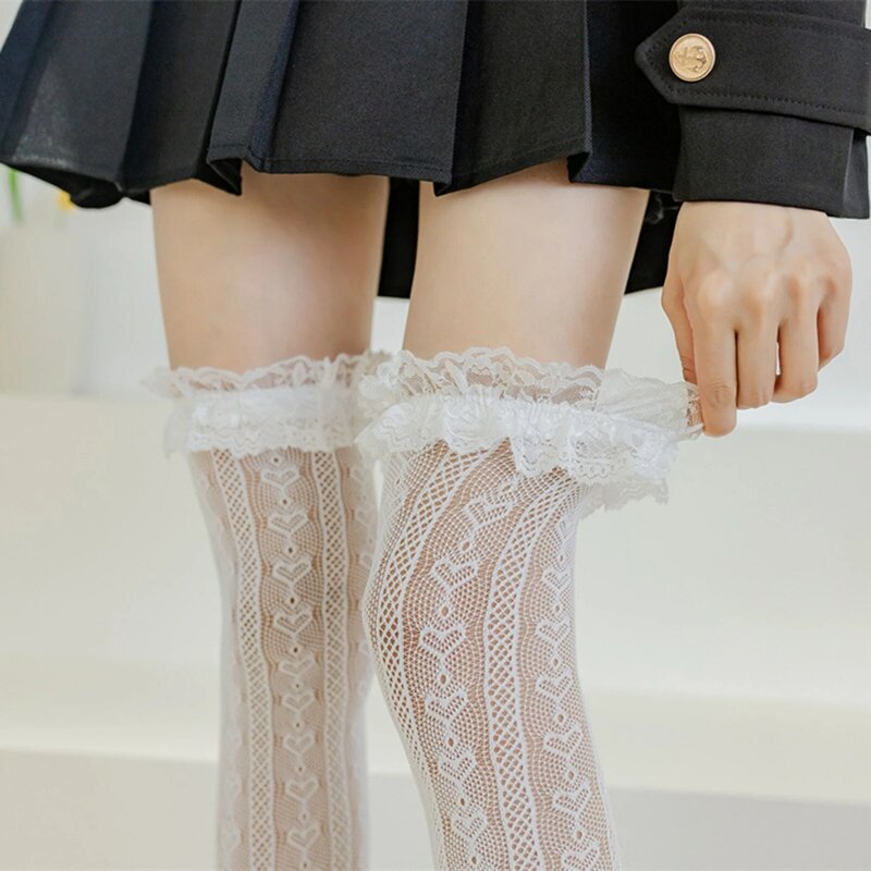 L olita جوارب طويلة ، لطيف مثير جوارب الدانتيل Kawaii ، الإناث جوارب عالية الفخذ العليا ، أسود أبيض تأثيري الملابس الداخلية Jk الجوارب