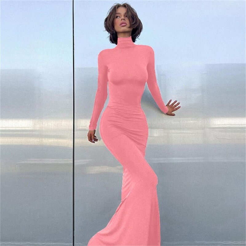 إمرأة خريف كم طويل نصف الياقة المدورة Bodycon ماكسي فستان طويل عادية بلون سليم متوهج هيم فستان حفلة أنيقة 066C